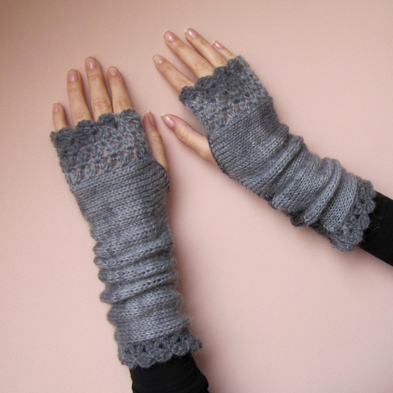 Grey Fingerless Gloves, Long Grey Gloves, Arm Warmers Womens, Grey Wrist Warmers, Grey Crochet Gloves, Texting Gloves, Warm Winter Mittens image 3