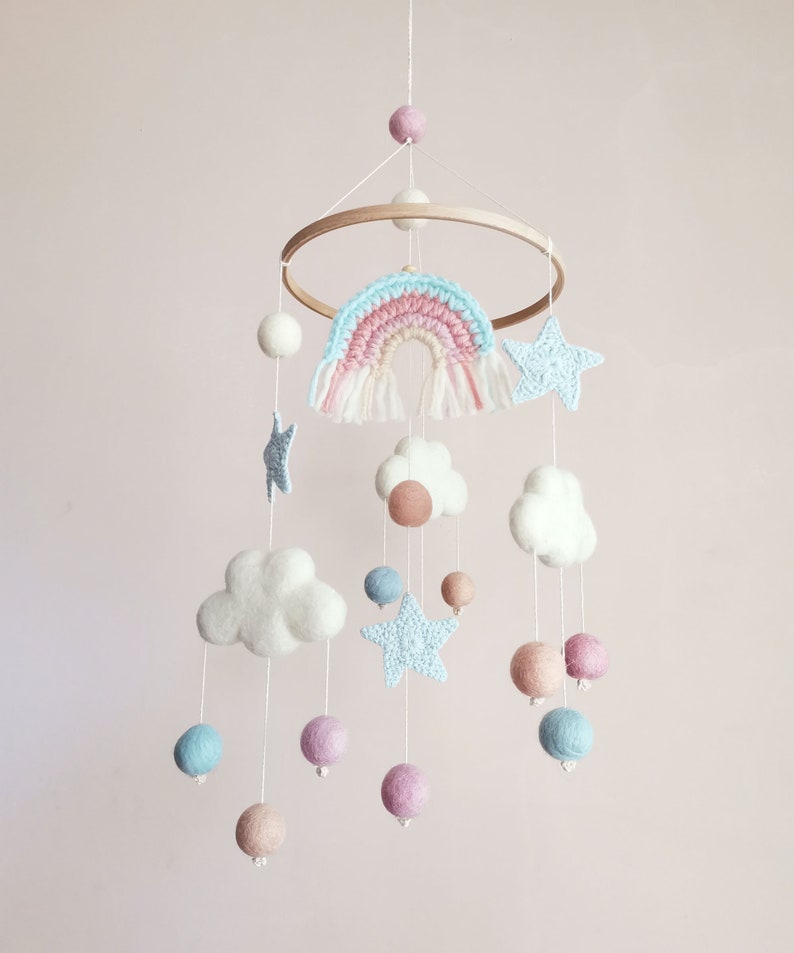 Cloud Baby Mobile, Rainbow Mobile, Baby Girl Mobile, Pink Baby Mobile, Woodland Mobile, Hanging Crib Mobile, Boho Cot Mobile, Montessori image 4