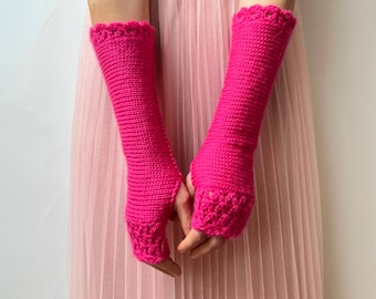 Mitaines roses, Manchettes fuchsia, Gants en tricot pour femme, Mitaines longues, Gants au crochet, Gants pour SMS, Cadeau pour la Saint-Valentin