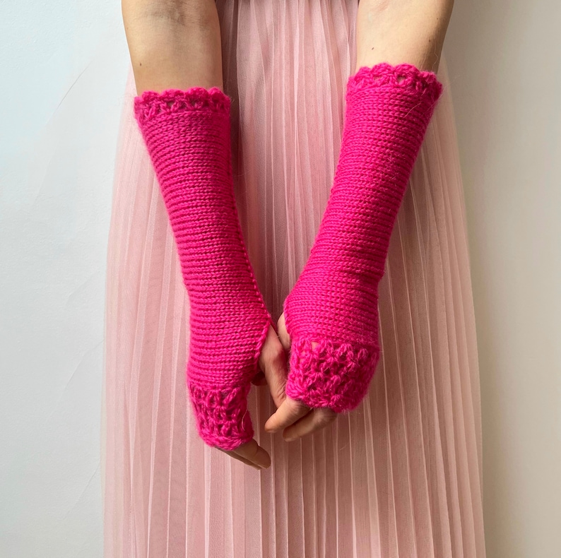 Pink Fingerless Gloves, Hot Pink Arm Warmers, Womens Knit Gloves, Long Fingerless Gloves, Crochet Gloves, Texting Gloves, Valentine Gift Her Pink