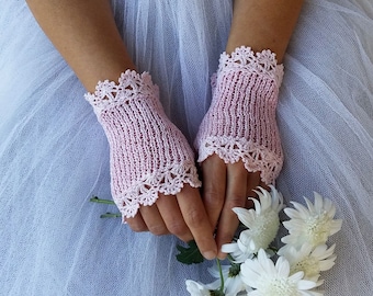 Bridal Lace Gloves, Pink Crochet Gloves, Summer Fingerless Gloves, Wedding Gloves, Bridal Gloves, Crochet Gloves, Rose Knit Gloves, AURORA