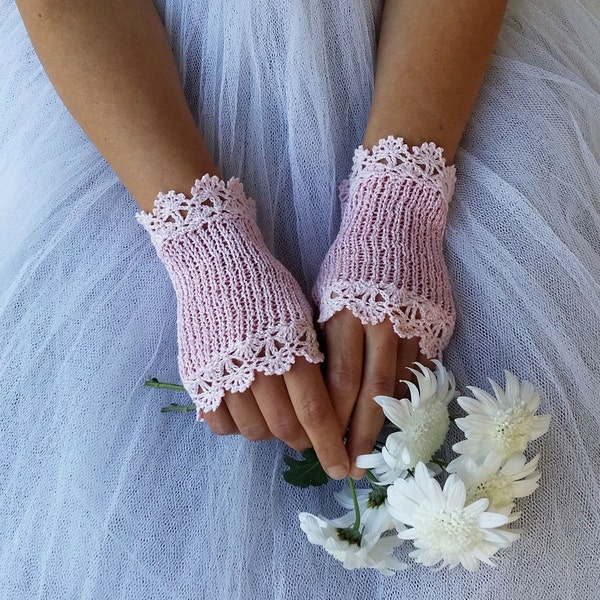 Bridal Lace Gloves, Pink Crochet Gloves, Summer Fingerless Gloves, Wedding Gloves, Bridal Gloves, Crochet Gloves, Rose Knit Gloves, AURORA