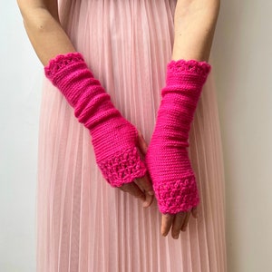 Pink Fingerless Gloves, Hot Pink Arm Warmers, Womens Knit Gloves, Long Fingerless Gloves, Crochet Gloves, Texting Gloves, Valentine Gift Her image 2