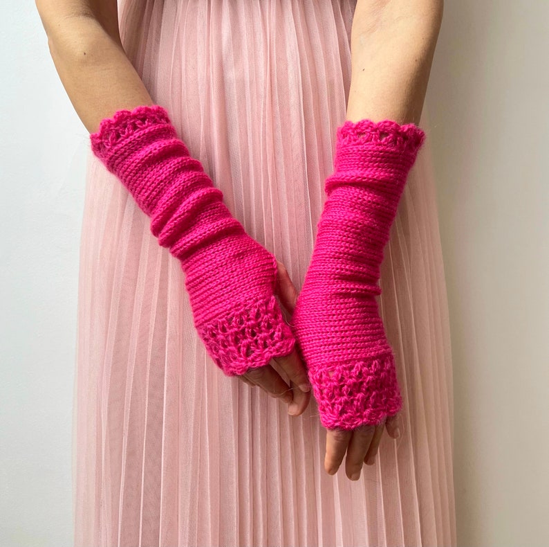 Pink Fingerless Gloves, Hot Pink Arm Warmers, Womens Knit Gloves, Long Fingerless Gloves, Crochet Gloves, Texting Gloves, Valentine Gift Her image 2