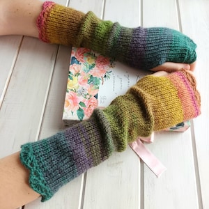Guantes largos sin dedos, calentadores de brazos color mostaza verde, calentadores de muñecas para mujer, mitones de punto para invierno, calentadores de manos cálidos, guantes bohemios, guantes estilo bosque