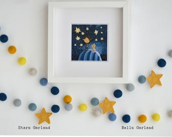 Space Garland, Felt Ball Garland, Pom Pom Garland, Baby Shower Bunting, Boy Garland, Stars Decor, Stars Garland, Blue Gray Yellow Garland