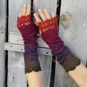 Extra Long Fingerless Gloves Arm Warmers Womens Fingerless Mittens Knitted Wrist Warmers Red Purple Boho Gloves Ombre Mitts Gift Her image 2