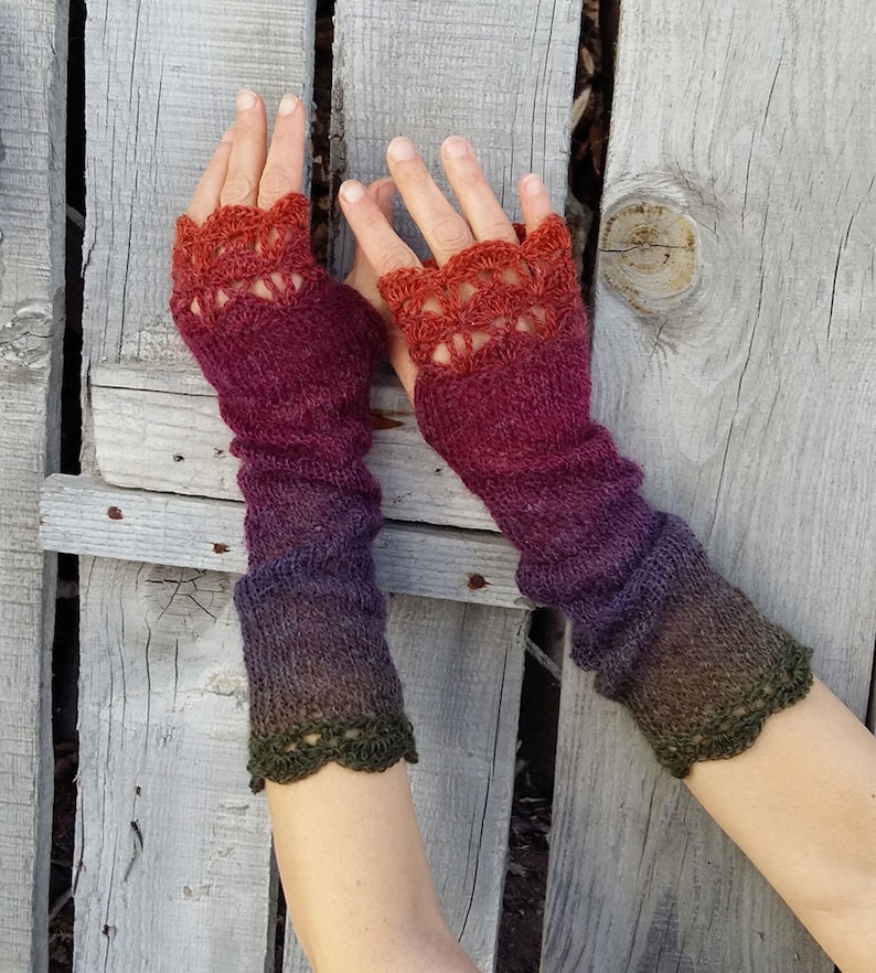 Extra Long Fingerless Gloves Arm Warmers Womens Fingerless Mittens Knitted Wrist Warmers Red Purple Boho Gloves Ombre Mitts Gift Her image 2