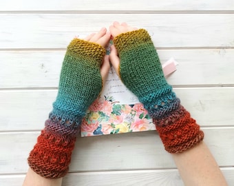 Vegan Arm Warmers, Fingerless Gloves Womens, Rainbow Gloves, Long Hand Knitted Mittens, WoodLand Wrist Warmers, Cottage Gloves, Gift Her