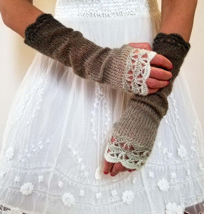 Long Fingerless Gloves, Brown Arm Warmers, Beige Fingerless Mittens, Winter Wrist Warmers, Crochet Gloves, WoodLand Gloves, Forest Gloves image 4