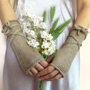 Long Fingerless Gloves, Brown Arm Warmers, Winter Fingerless Mittens, Wool Wrist Warmers, WoodLand Gloves, Brown Knit Mittens, Forest Gloves image 7