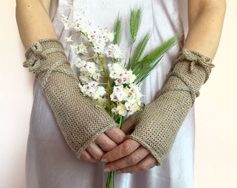 Long Fingerless Gloves, Beige Arm Warmers, Winter Fingerless Mittens, Wool Wrist Warmers, WoodLand Gloves, Beige Knit Mittens, Forest Gloves