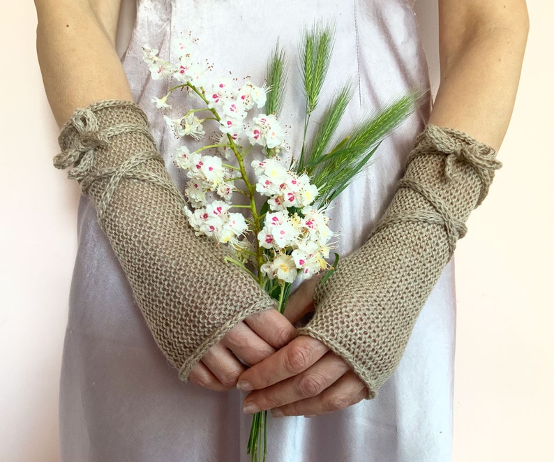 Guantes largos sin dedos, calentadores de brazos marrones, manoplas sin dedos de invierno, calentadores de muñeca de lana, guantes WoodLand, manoplas de punto marrón, guantes de bosque Beis