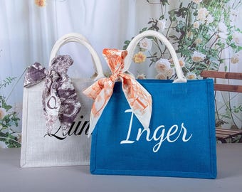 Custom Burlap Bridesmaid Tote Bag with Scarf, Wedding Gift