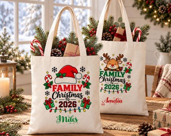 Personalized Christmas Tote Bag, Custom Name Holiday Gift Bag, Family Christmas Gift, Coworker Team Gift, Reusable Canvas Tote