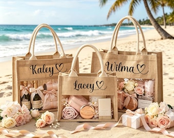 Monogram Bridesmaid Bag, Custom Initial Burlap Tote for Wedding Party, Bachelorette Beach Favor