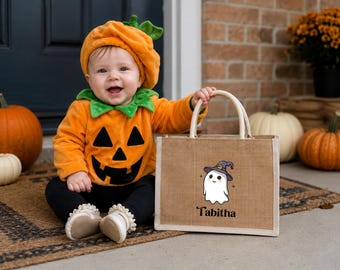 Personalized Halloween Burlap Bag, Custom Halloween Tote Bag, Trick Or Treat Bag, Halloween Bags, Ghosts Tote, Halloween Gift