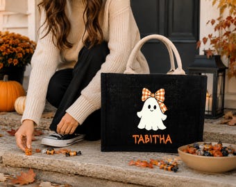 Personalized Halloween Trick or Treat Bag, Custom Name Black Jute Tote, Halloween Candy Bag for Kids Teens, Spooky Treat Tote