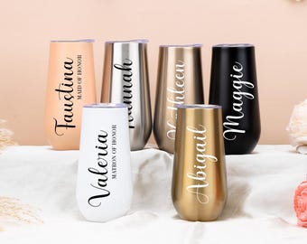 Personalized Bridesmaid Tumbler, Champagne Tumbler, Bachelorette Stainless Flute Wine Glass, Logo Tumbler, Bridesmaid Proposal