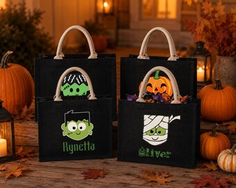 Personalized Halloween Trick or Treat Bag, Custom Name Candy Bag, Halloween Gift Bag, Reusable Treat Tote, Spooky Season Party Favor Bag