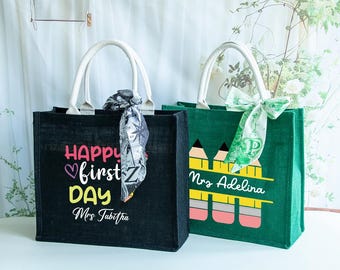 Personalized Teacher Name Burlap Tote Bag: Teacher Appreciation Gift