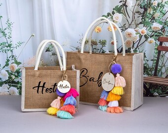 Personalized Burlap Bridesmaid Tote Bag: Custom Beach Bag with Charm
