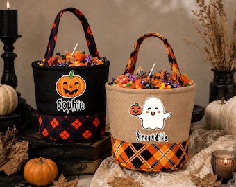 Personalized Halloween Trick or Treat Bag, Plaid Candy Tote, Reusable Halloween Treat Bag for Fall Party, Fall Party Favor