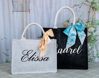 Custom Burlap Beach Tote Bag, Personalized Bridesmaid Gift