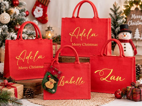Personalized Christmas Gift Bags, Custom Name Holiday Gift Bag, Xmas Gift Sack, Kids Family Reusable Gift Bag