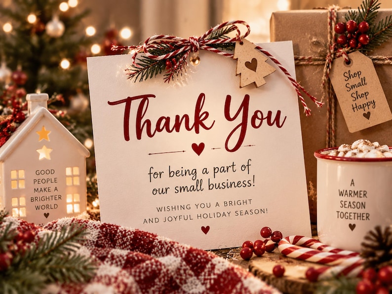 K&ouml;nnte beinhalten: Eine wei&szlig;e quadratische Karte mit rotem und schwarzem Text, der lautet: Thank You for being a part of our small business! WISHING YOU A BRIGHT AND JOYFUL HOLIDAY SEASON! Die Karte ist mit einer rot-wei&szlig;en Kordelschleife und einem kleinen Holzbaum verziert.