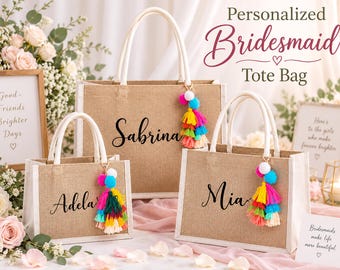 Personalized Burlap Bridesmaid Tote Bag, Custom Name Charm Bag, Bridal Party Gift, Bridesmaid Proposal Bachelorette Tote