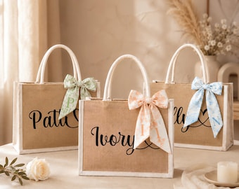 Gepersonaliseerde cadeauzakje bruidsmeisje, jute draagtas aangepaste naam voor bruidsfeest, vrijgezellenfeest gunst