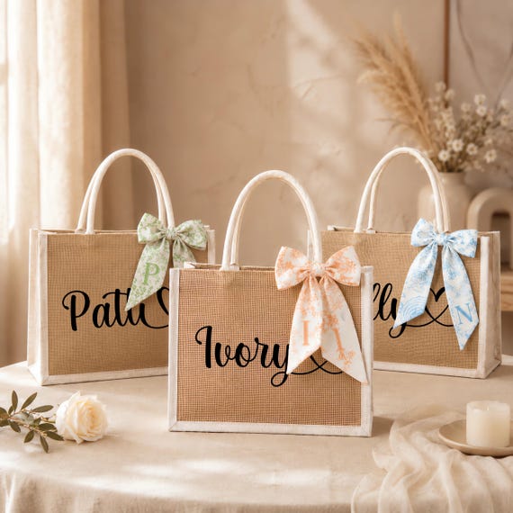 Personalized Bridesmaid Gift Bag, Custom Name Burlap Tote for Bridal Party, Bachelorette Wedding Favor