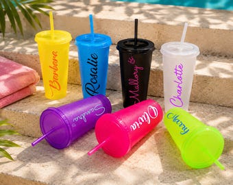 Personalized Tumbler with Straw, Custom Name 24oz Bachelorette Cup, Bridesmaid Party Favor, Girls Trip Cold Cup with Lid