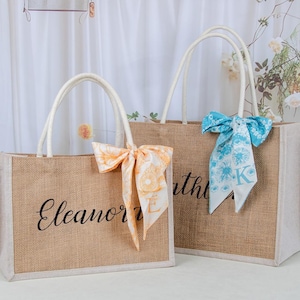 Personalized Bridesmaid Tote Bags,Custom Jute Bag With Scarf,Bridesmaid Burlap Tote,Bachelorette Party Bag,Wedding Favors,Beach bag