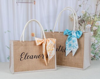 Personalized Burlap Bridesmaid Tote Bag with Scarf