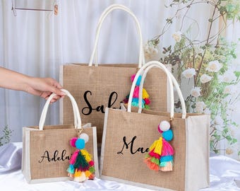 Personalized Burlap Bridesmaid Tote Bag with Charm