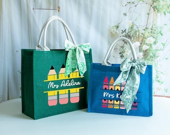 Personalized Teacher Tote Bag, Teacher Name Burlap Bag, Appreciation Gift