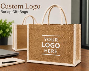 Custom Logo Burlap Gift Bags, Branded Business Gift Bag, Bulk Event Favor Bags,Corporate Event Favor Bags