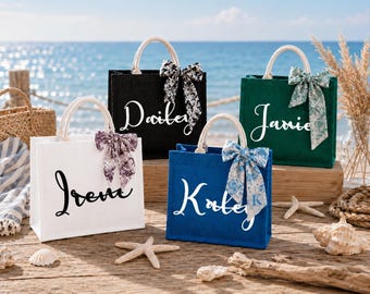 Personalized Bridesmaid Tote Bag with Scarf, Custom Name Burlap Wedding Bag, Bachelorette Beach Favor