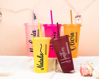 Taza de café personalizada con pajita, vaso de 24 oz con nombre personalizado, taza fría con nombre, tazas para despedida de soltera, regalo de Navidad