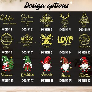 K&ouml;nnte beinhalten: Eine schwarze Anzeigetafel mit der &Uuml;berschrift Design options, die f&uuml;nfzehn verschiedene weihnachtliche Grafiken zeigt. Die Designs 1 bis 10 zeigen goldene Schrift und Symbole, w&auml;hrend die Designs 11 bis 15 bunte Wichtel-Illustrationen zeigen.