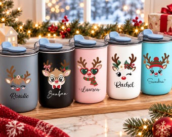 Personalized Christmas Cup with Name,Custom Holiday Gift,16oz Christmas Tumbler,Cute Reindeer Cup,Christmas Gift for Her,Family & Friends