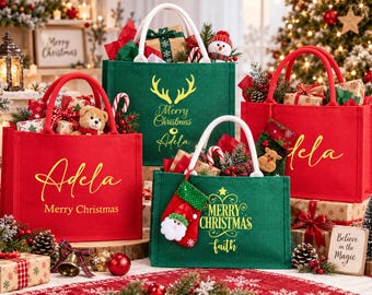 Personalized Christmas Gift Bag with Name, Custom Holiday Jute Tote Bag, White Red Green Christmas Gift Bag, Holiday Favor Bag