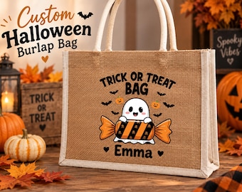 Custom Halloween Burlap Trick or Treat Bag, Personalized Name Candy Tote, Ghost Halloween Bag for Kids, Spooky Season Gift