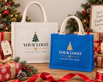 Custom Logo Christmas Gift Bag, Personalized Jute Tote Bag, Corporate Holiday Gift Bags, Company Logo Bags, Employee Appreciation Packaging
