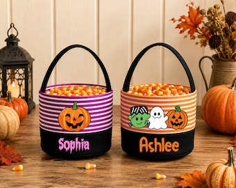 Personalized Halloween Trick or Treat Bag with Name, Custom Candy Bucket, Kids Halloween Basket, Spooky Treat Tote, Halloween Gift