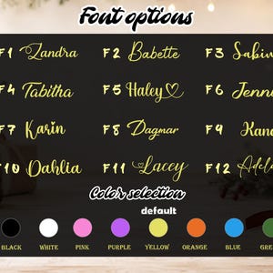 K&ouml;nnte beinhalten: Eine Schriftart-Auswahltabelle mit zw&ouml;lf goldenen Schreibschriftstilen, beschriftet von F1 bis F12 mit Namen wie Zandra, Babette und Sabina. Darunter befindet sich eine Farbauswahlzeile mit acht kreisf&ouml;rmigen Symbolen in Schwarz, Wei&szlig;, Pink, Lila, Gelb, Orange, Blau und Gr&uuml;n.