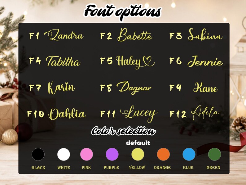 K&ouml;nnte beinhalten: Eine Schriftart-Auswahltabelle mit zw&ouml;lf goldenen Schreibschriftstilen, beschriftet von F1 bis F12 mit Namen wie Zandra, Babette und Sabina. Darunter befindet sich eine Farbauswahlzeile mit acht kreisf&ouml;rmigen Symbolen in Schwarz, Wei&szlig;, Pink, Lila, Gelb, Orange, Blau und Gr&uuml;n.
