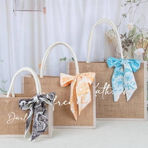 Personalized Burlap Bag,Bridesmaid Gift,Wedding Bag With Scarf,Bachelorette Party Bag for Her,Beach Tote Bag,Graduation Gifts